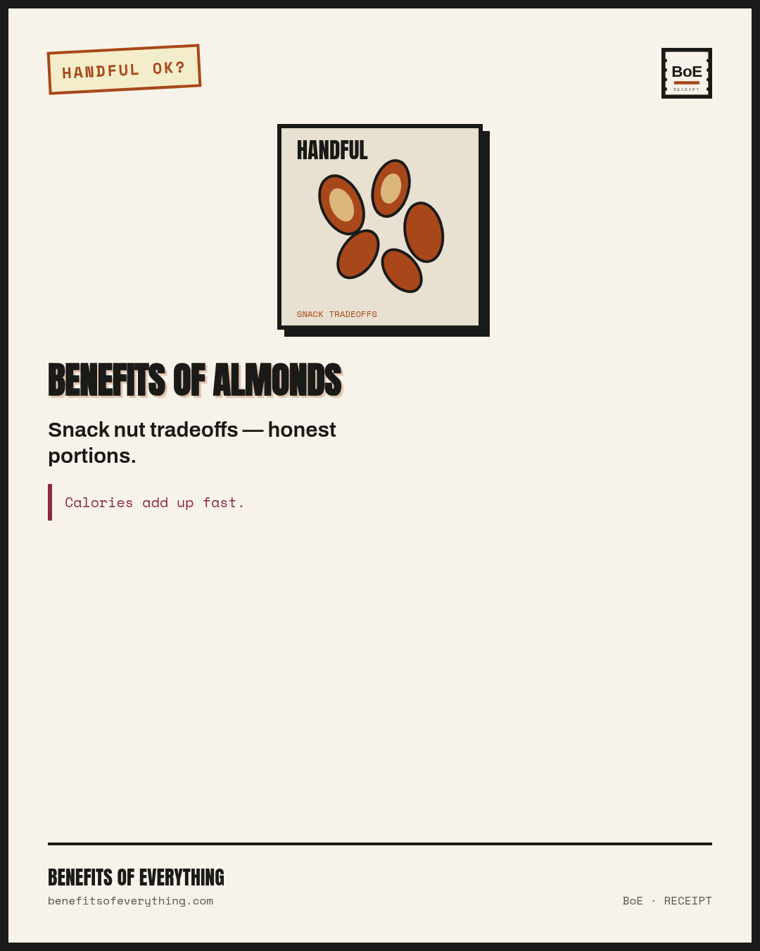 Almonds — snack jar vs baking, no halo receipt — Snack nut with honest handful math — not a disease treatment.
