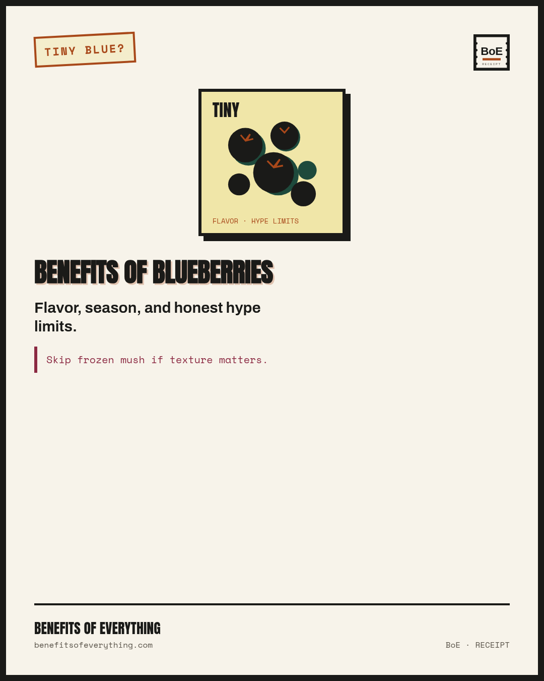 Blueberries — dry bloom, finish-the-clamshell math receipt — Fresh when bloom is intact; frozen when you blend or bake.