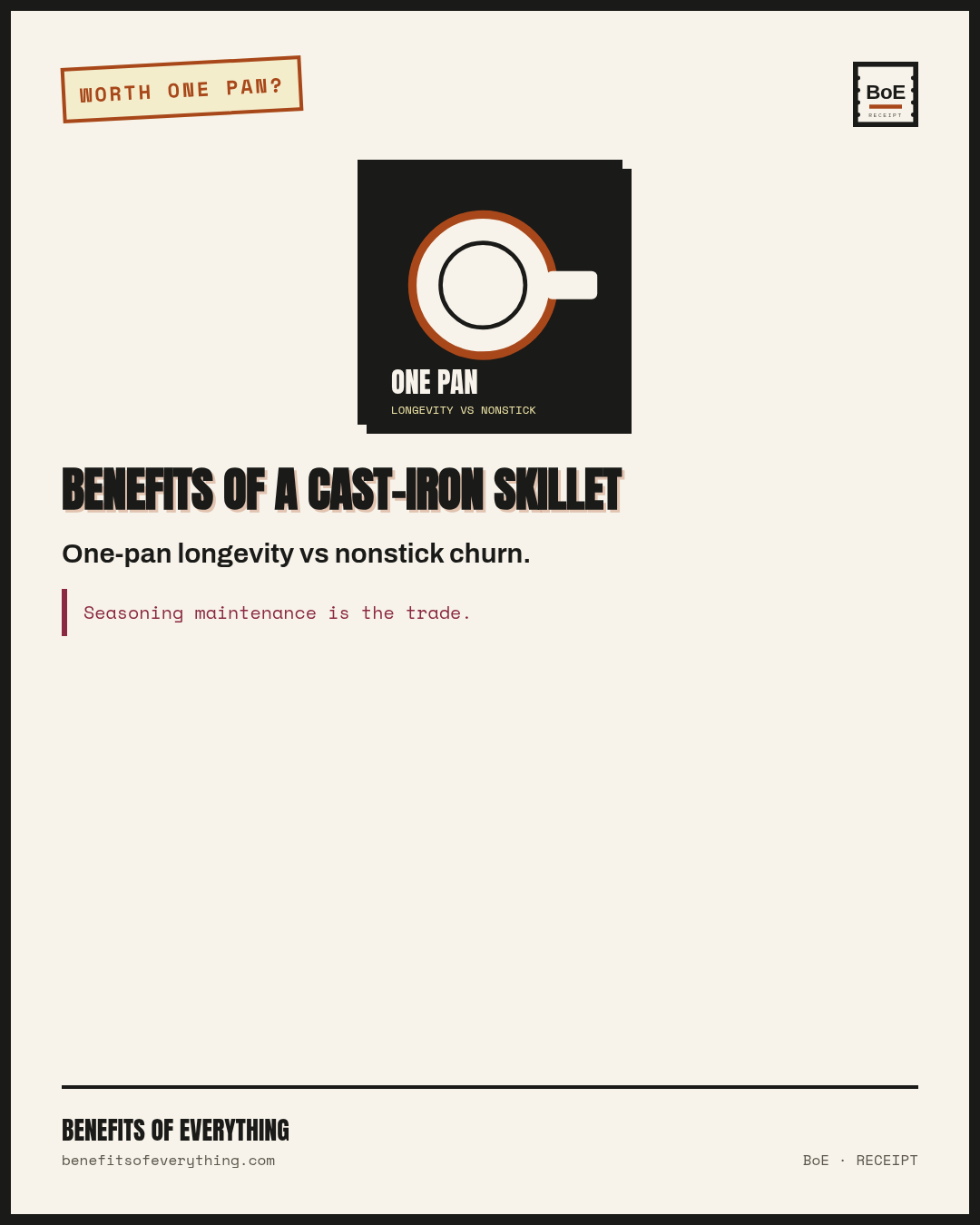 a cast-iron skillet receipt — Durable heat for sear and oven—longevity vs nonstick churn.