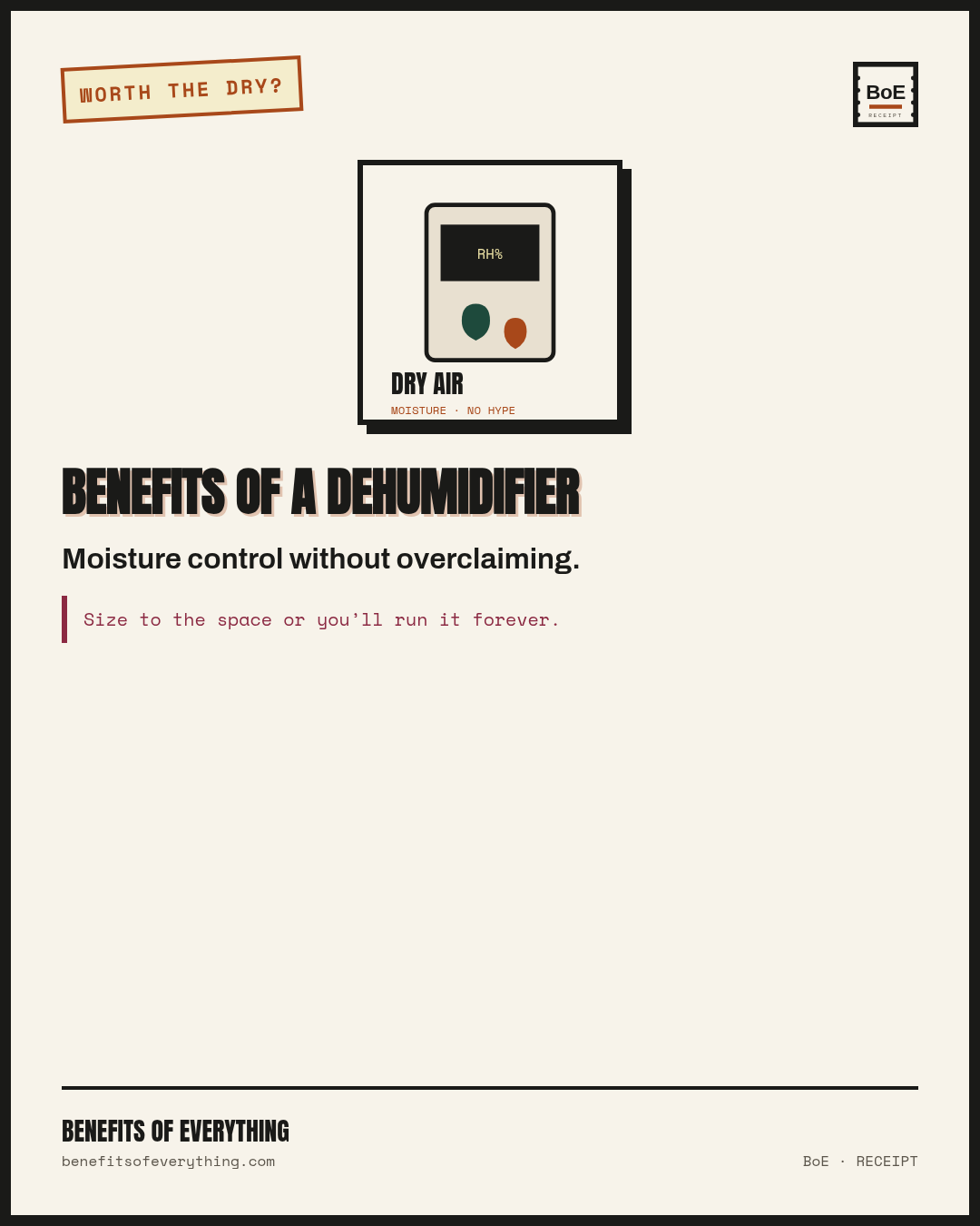 Dehumidifier — damp rooms with a number, not a scent receipt — Pulls moisture in damp seasons when sized for the space.