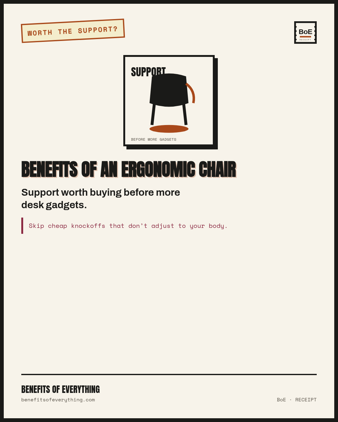 Ergonomic chair — adjust it or it’s an expensive sit receipt — Adjustable support beats another desk toy for daily seated work.