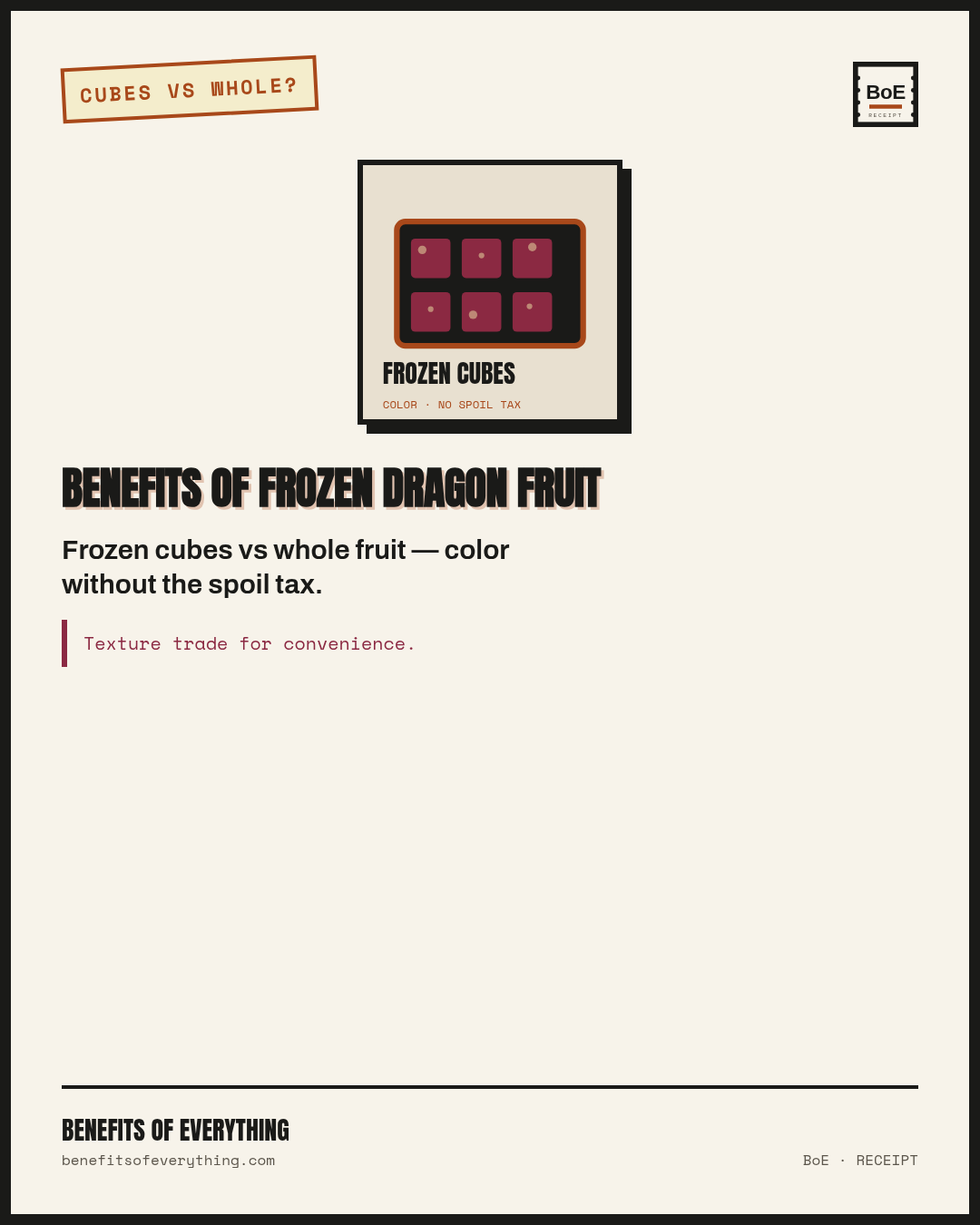 frozen dragon fruit receipt — Frozen cubes skip skin tax when color beats ceremony.