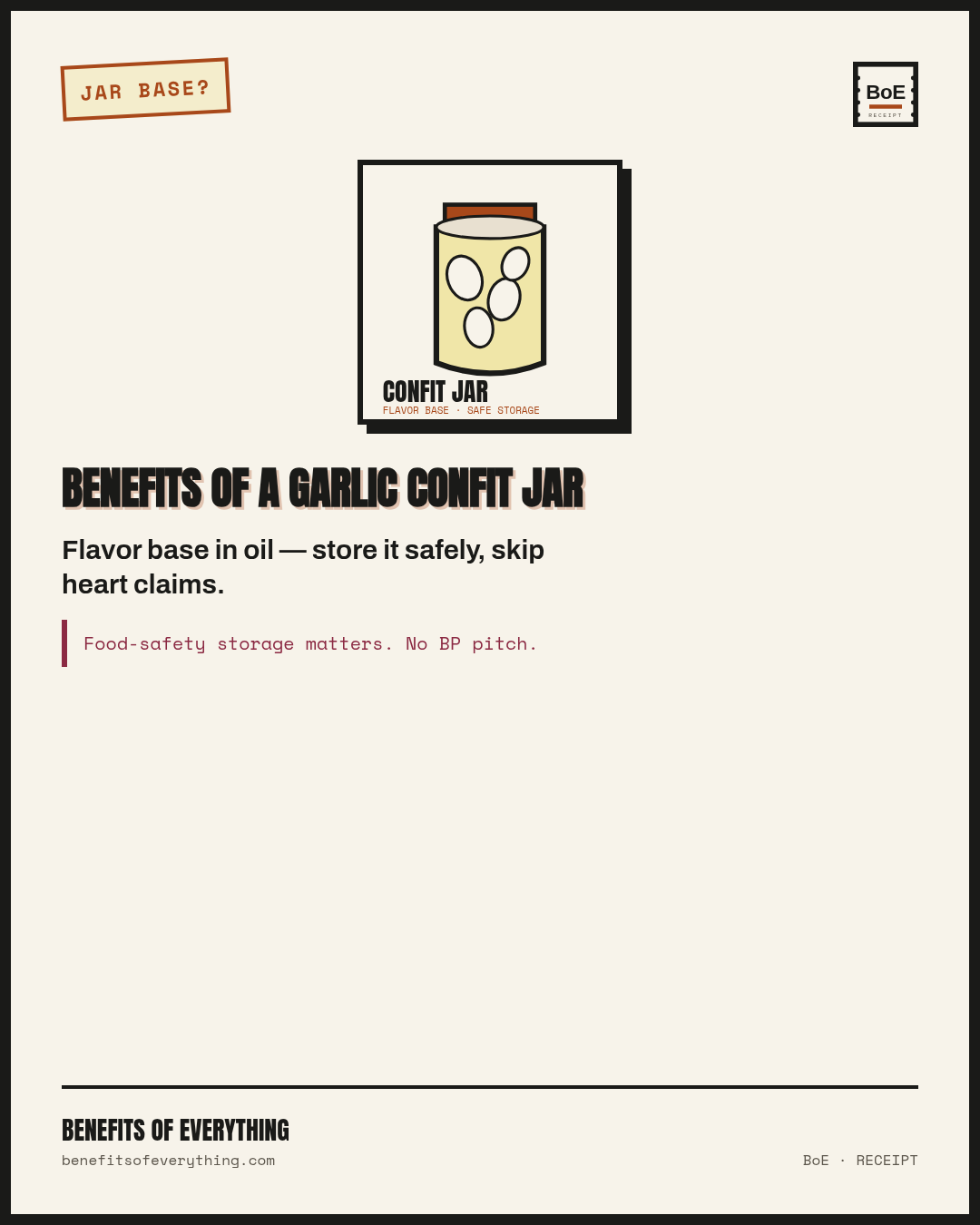 garlic confit receipt — Soft confit cloves for pasta — refrigerated, not room-temp theater.