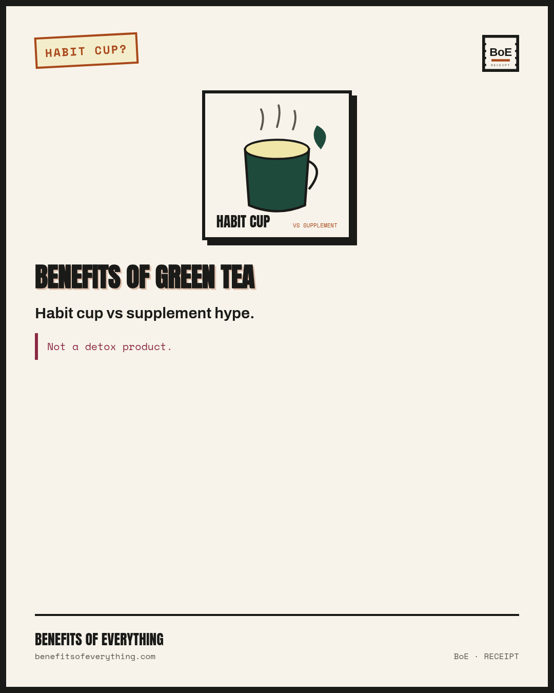 Green tea — habit cup with caffeine eyes open receipt — A cup habit you enjoy — not a cancer or weight-loss capsule.