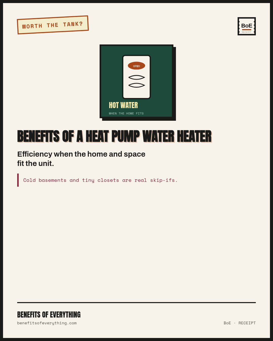 a heat pump water heater receipt — Hot water with less electricity when the space and climate fit.