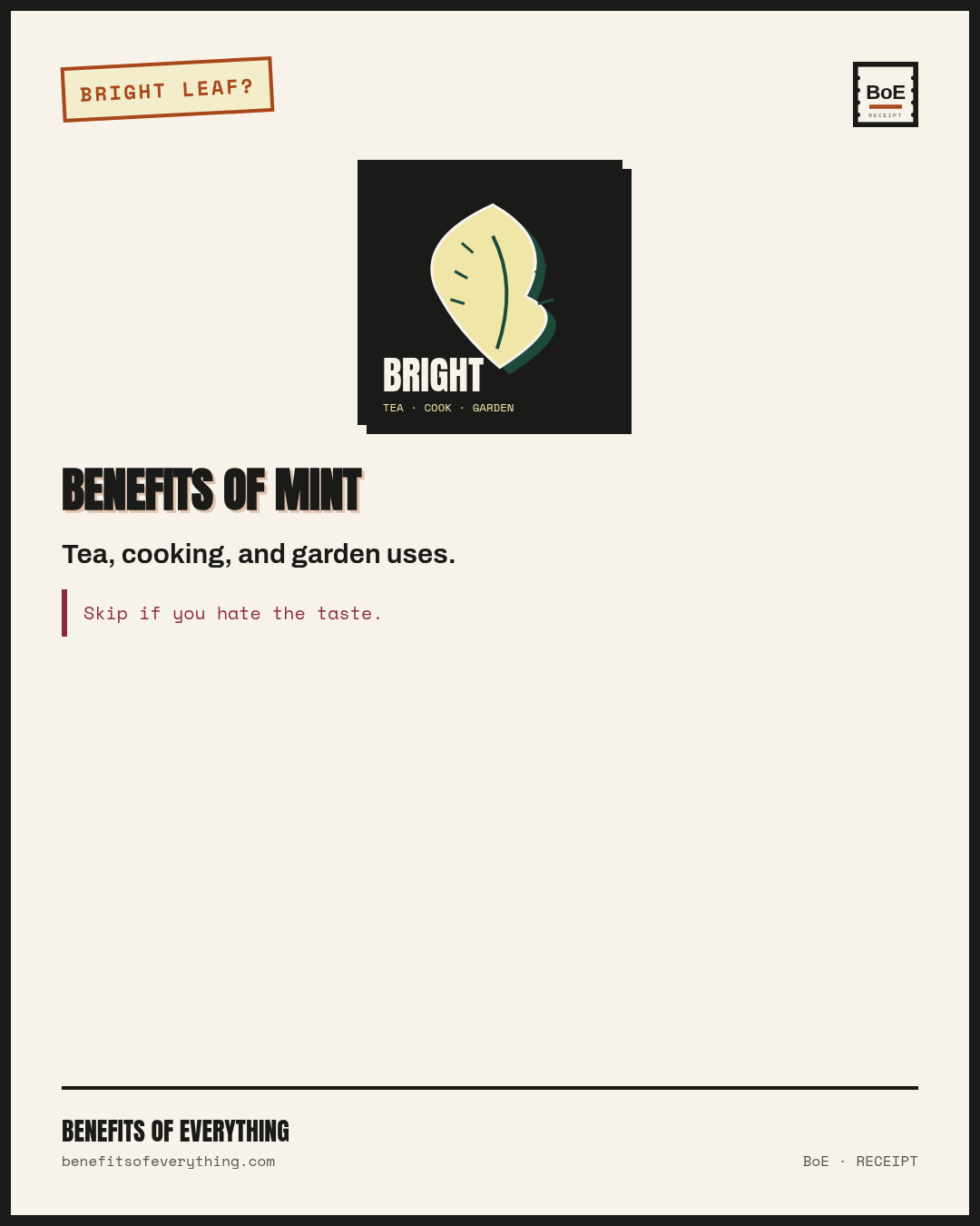 Mint — garnish, tea, or skip the pot receipt — Kitchen mint for garnish and drinks — pleasant aroma, no medical claims.