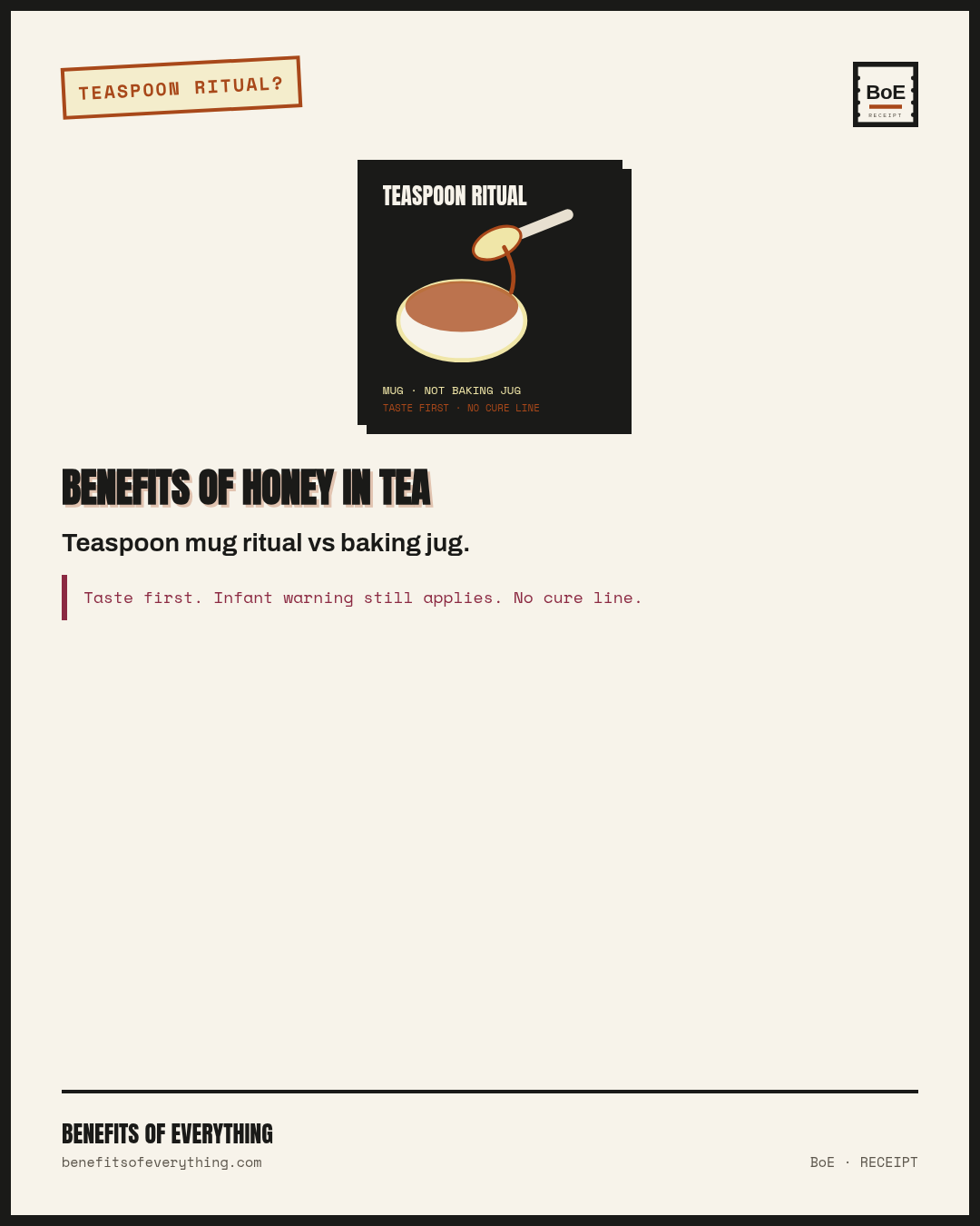 honey in tea receipt — Teaspoon ritual for taste — not a cough clinic in a mug.