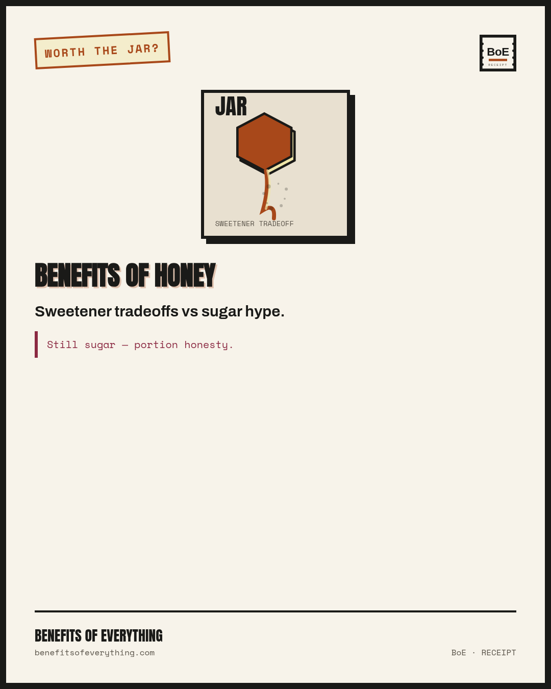 Honey — sweetener receipt, not a cure aisle receipt — Worth it for flavor in tea and baking — not as a cure bottle.