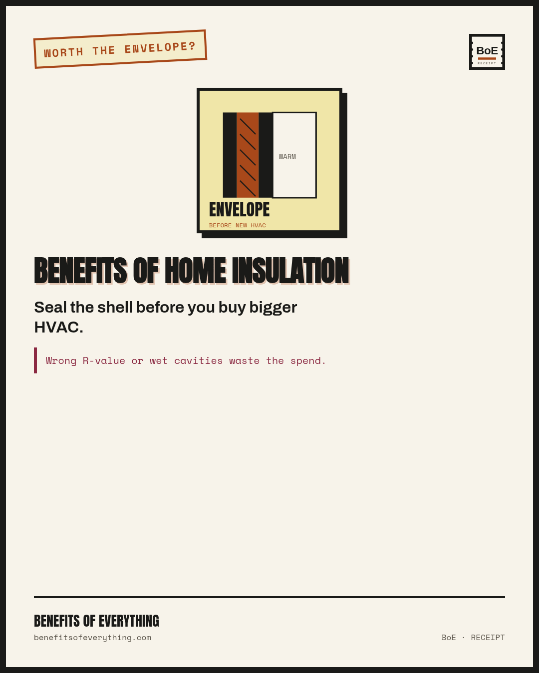 Benefits of home insulation receipt — Often the highest-leverage comfort spend before equipment upgrades.