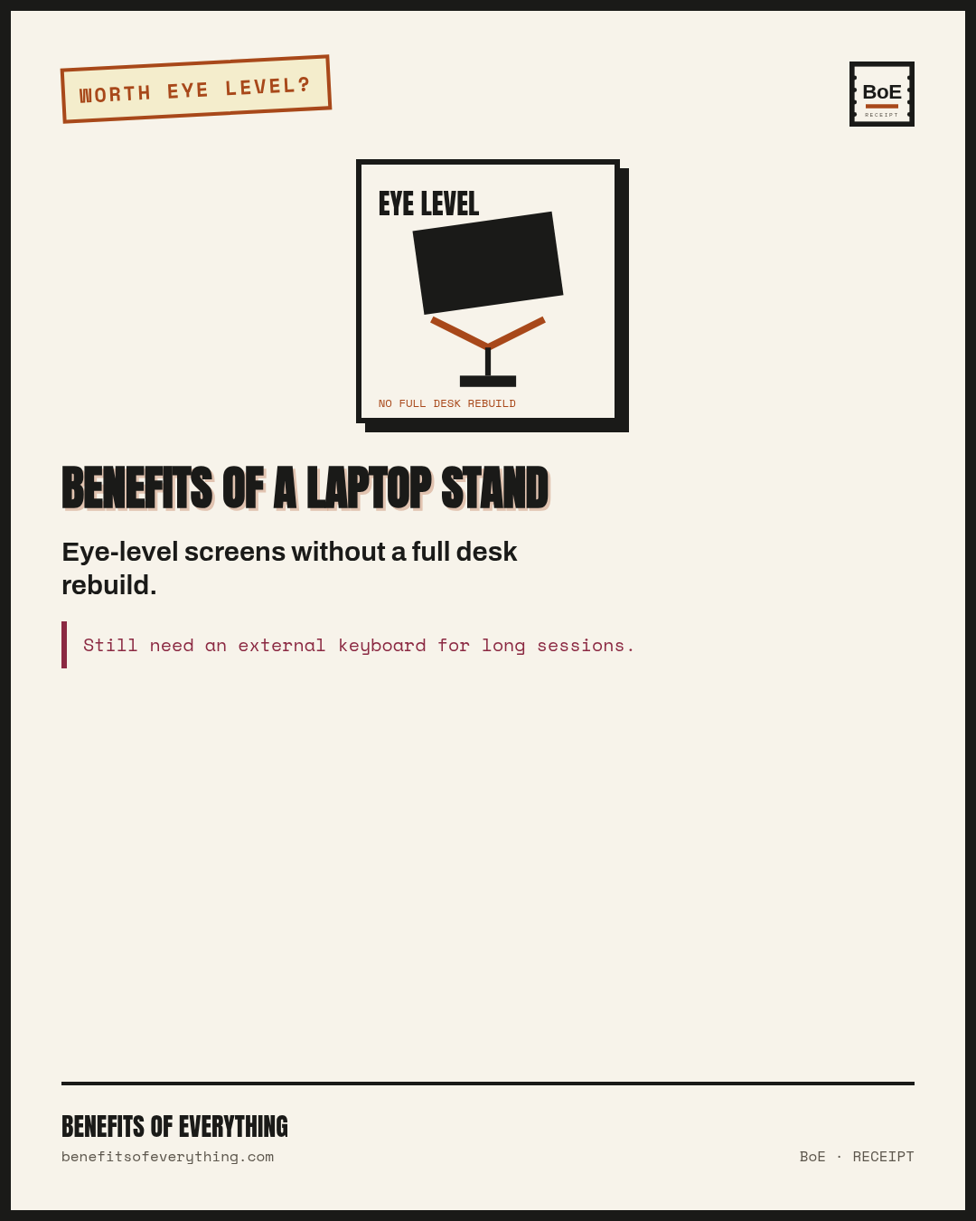 a laptop stand receipt — Raises the screen without a full desk rebuild.
