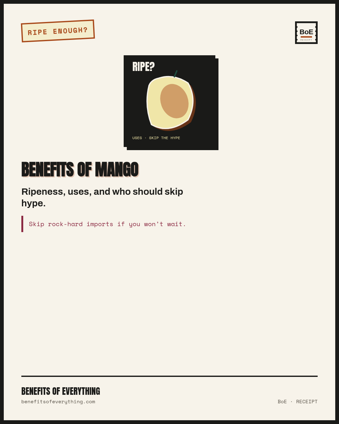 mango receipt — Worth it when fragrant and yielding — stringy skips exist.