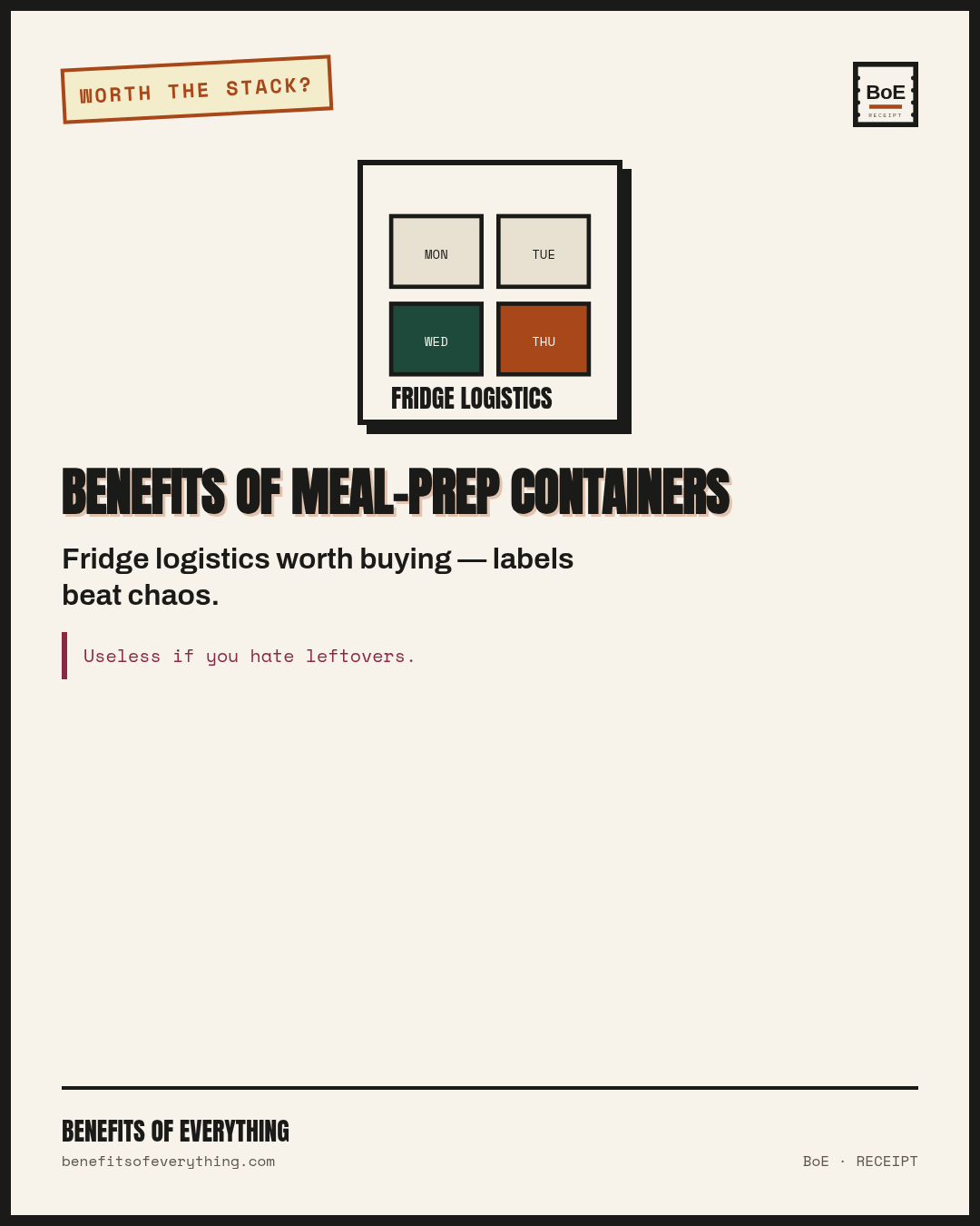 meal-prep containers receipt — Fridge logistics that actually stack when you cook ahead.