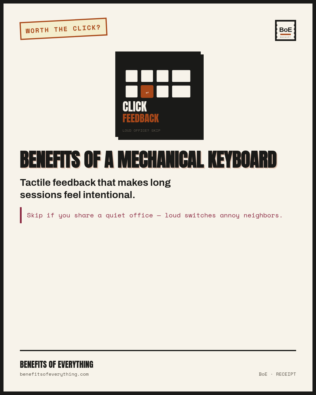 Mechanical keyboard — feel and fatigue, not RGB theater receipt — Justified for feedback and layout you will actually use daily.