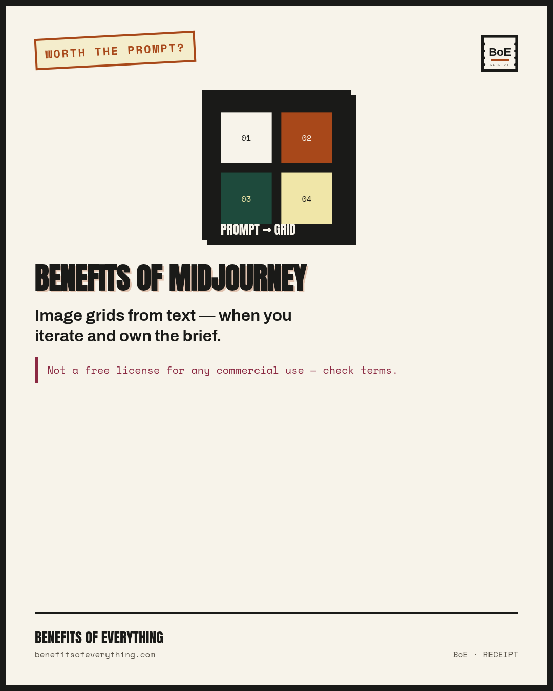 Midjourney — image exploration with taste and rights eyes open receipt — Fast visual drafts vs commissioning every concept.
