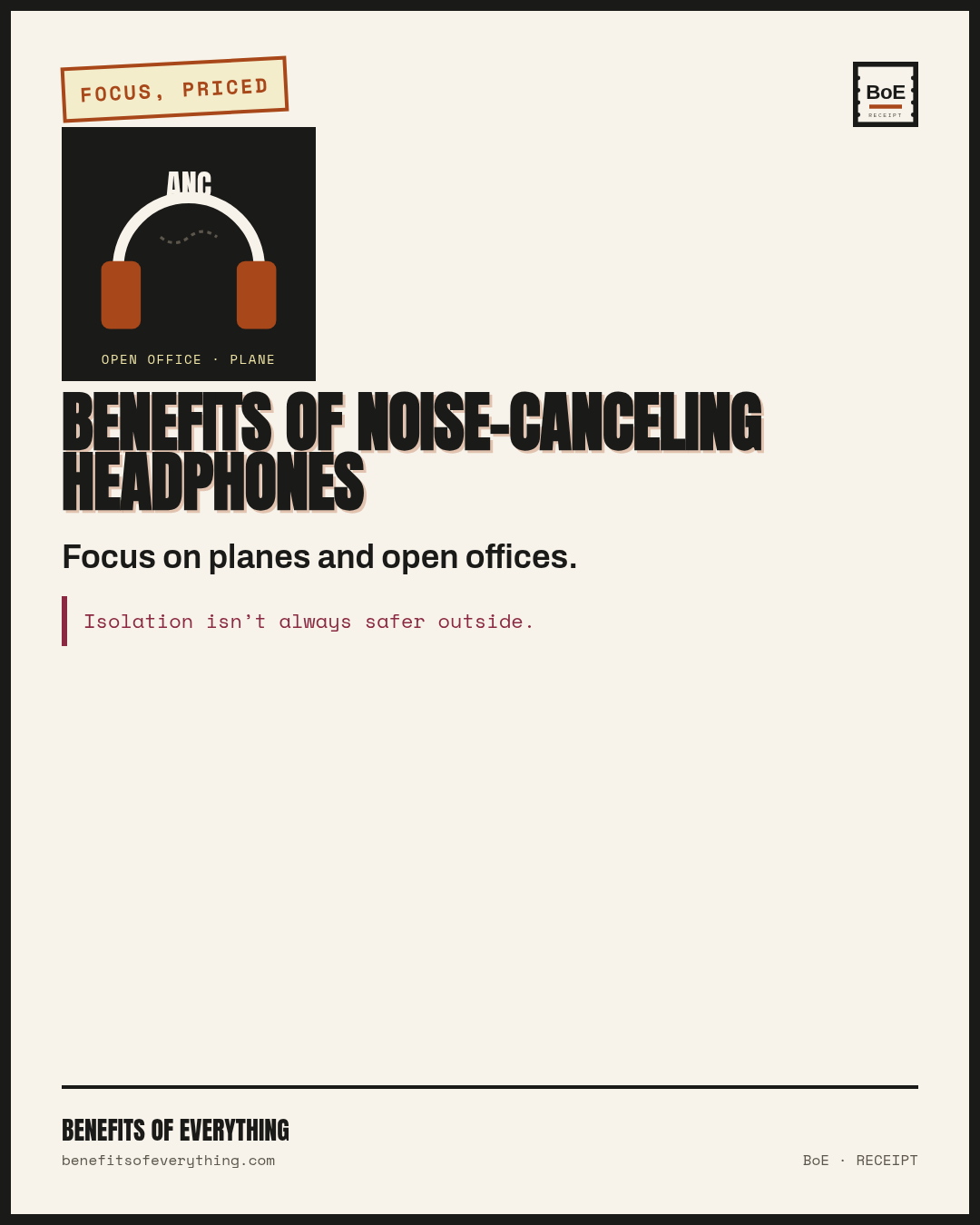 Noise-canceling headphones — focus tool, not a personality receipt — Focus on planes and open offices.