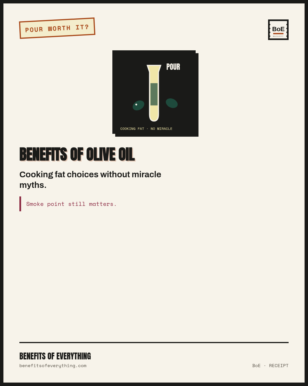 Olive oil — finishing vs heat, one bottle or two receipt — Cooking and finishing fat with real flavor jobs — not a disease oil.