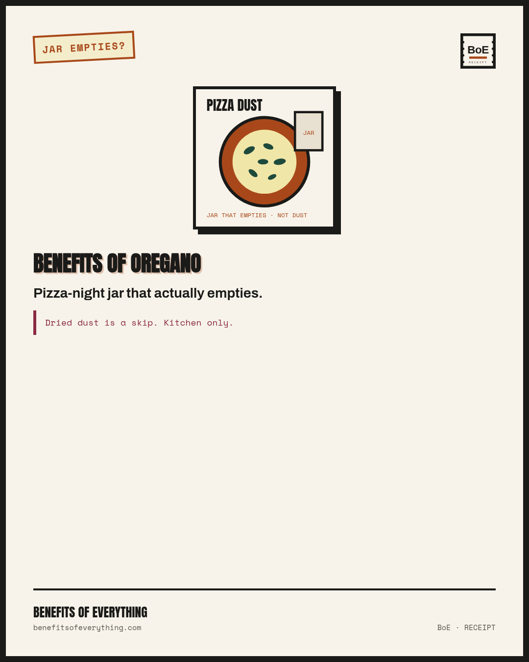 oregano receipt — Oregano earns the jar when pizza night empties it.