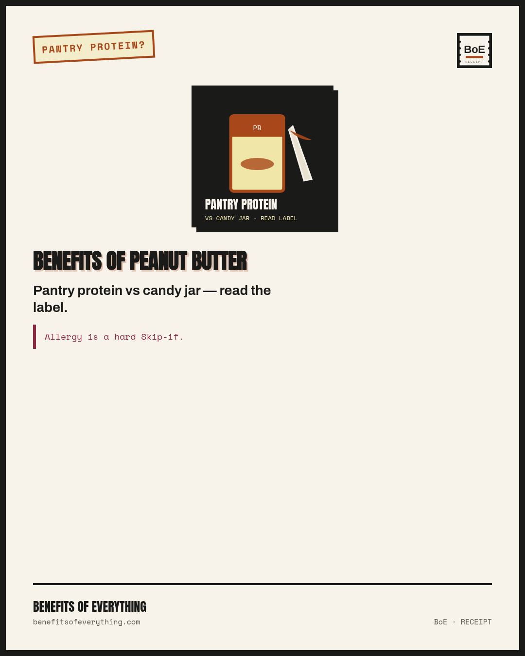 peanut butter receipt — Pantry protein when labels are honest — not a candy jar cosplaying health.