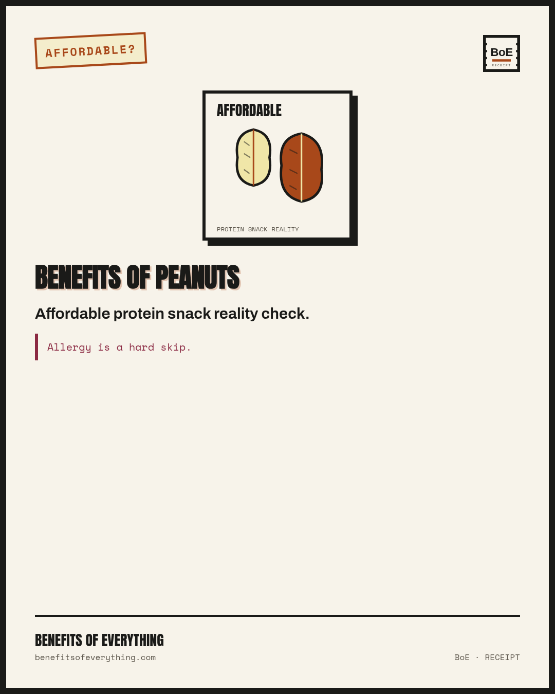 peanuts receipt — Affordable protein snack when allergy risk is clear — not a cure legume.