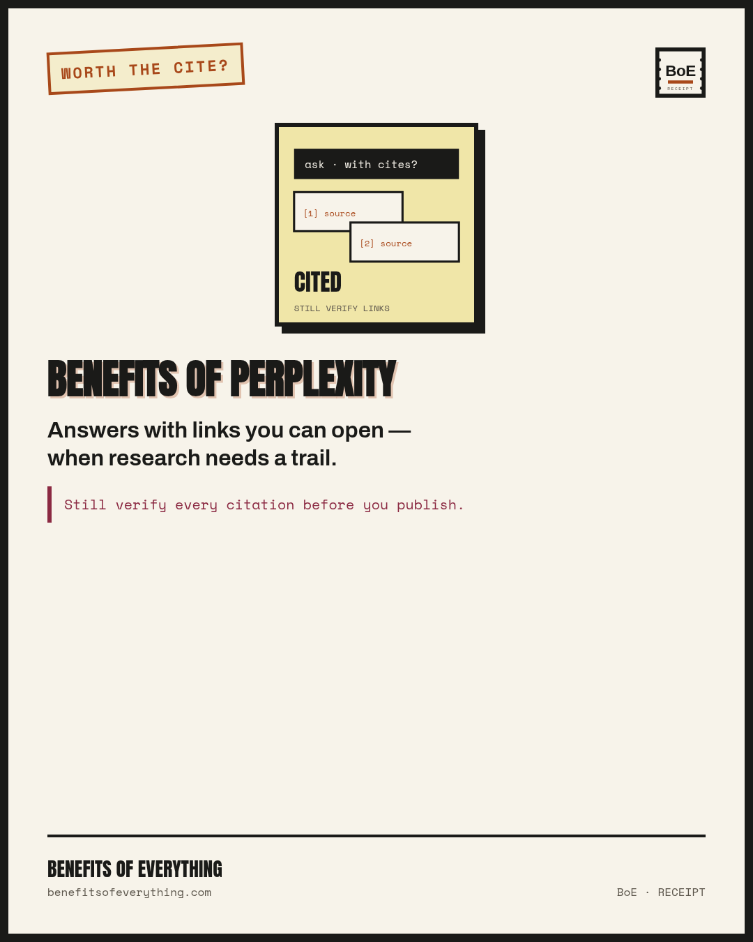 Perplexity — answers with links, still verify the footnotes receipt — Answers come with sources you can verify.