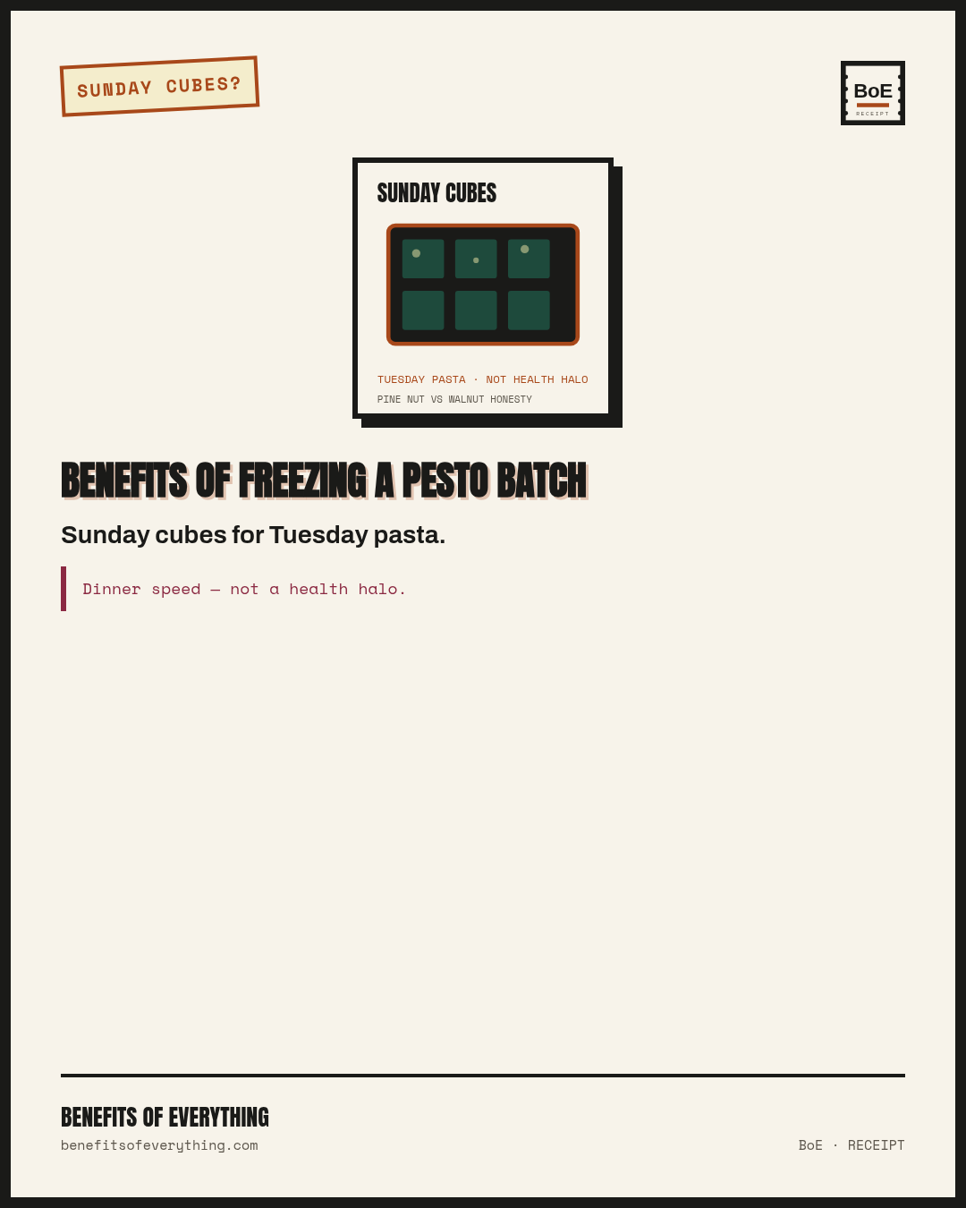 pesto receipt — Sunday pesto cubes → Tuesday dinner speed.