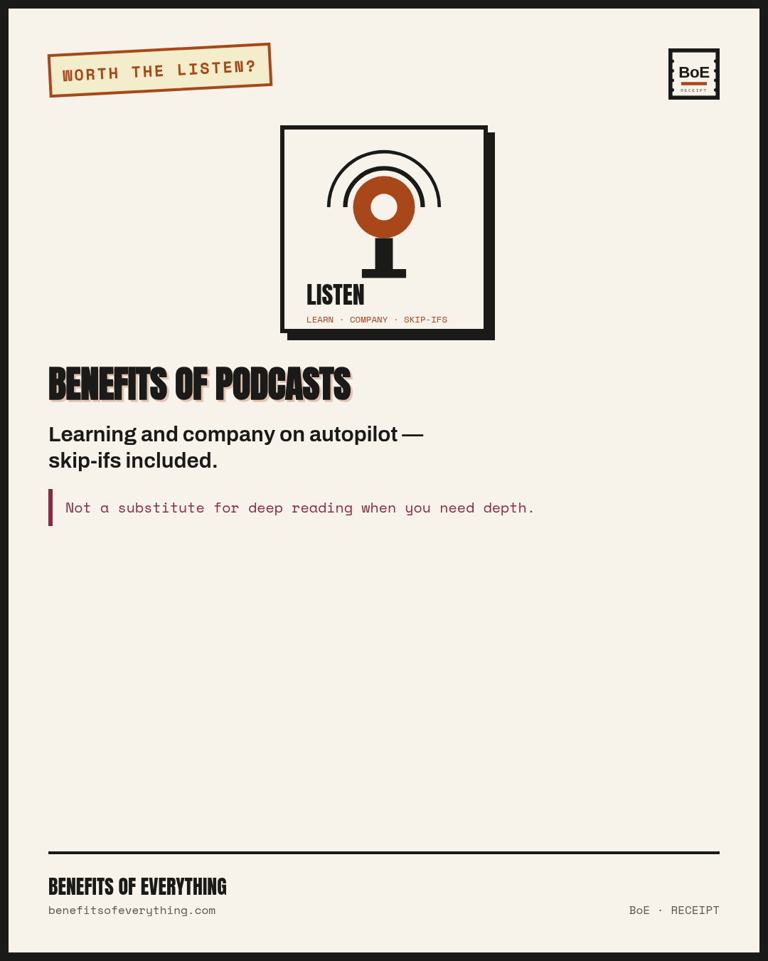 podcasts receipt — Company and ideas on walks when you finish what you start.