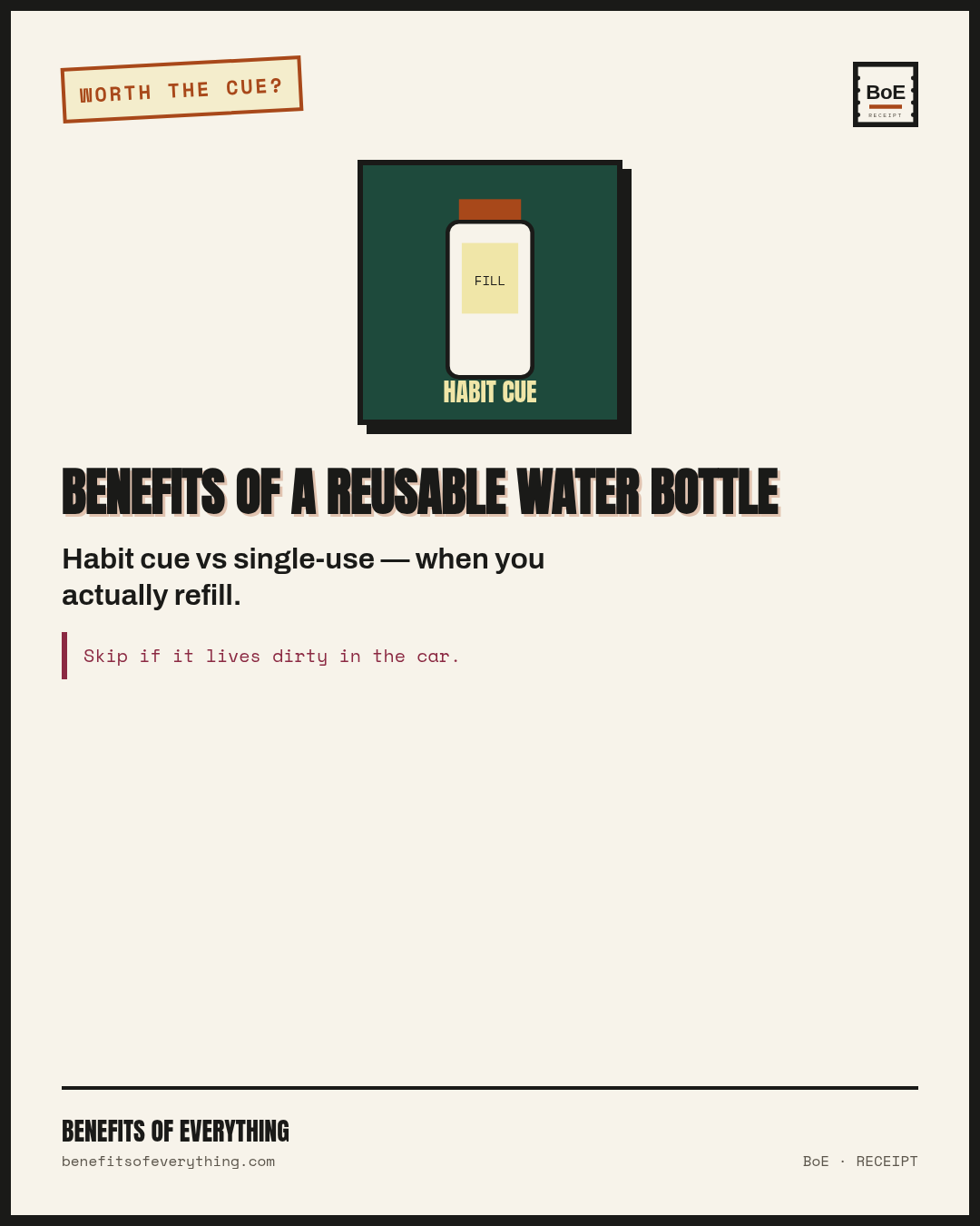 a reusable water bottle receipt — Reminds you to drink without single-use cups on repeat days.