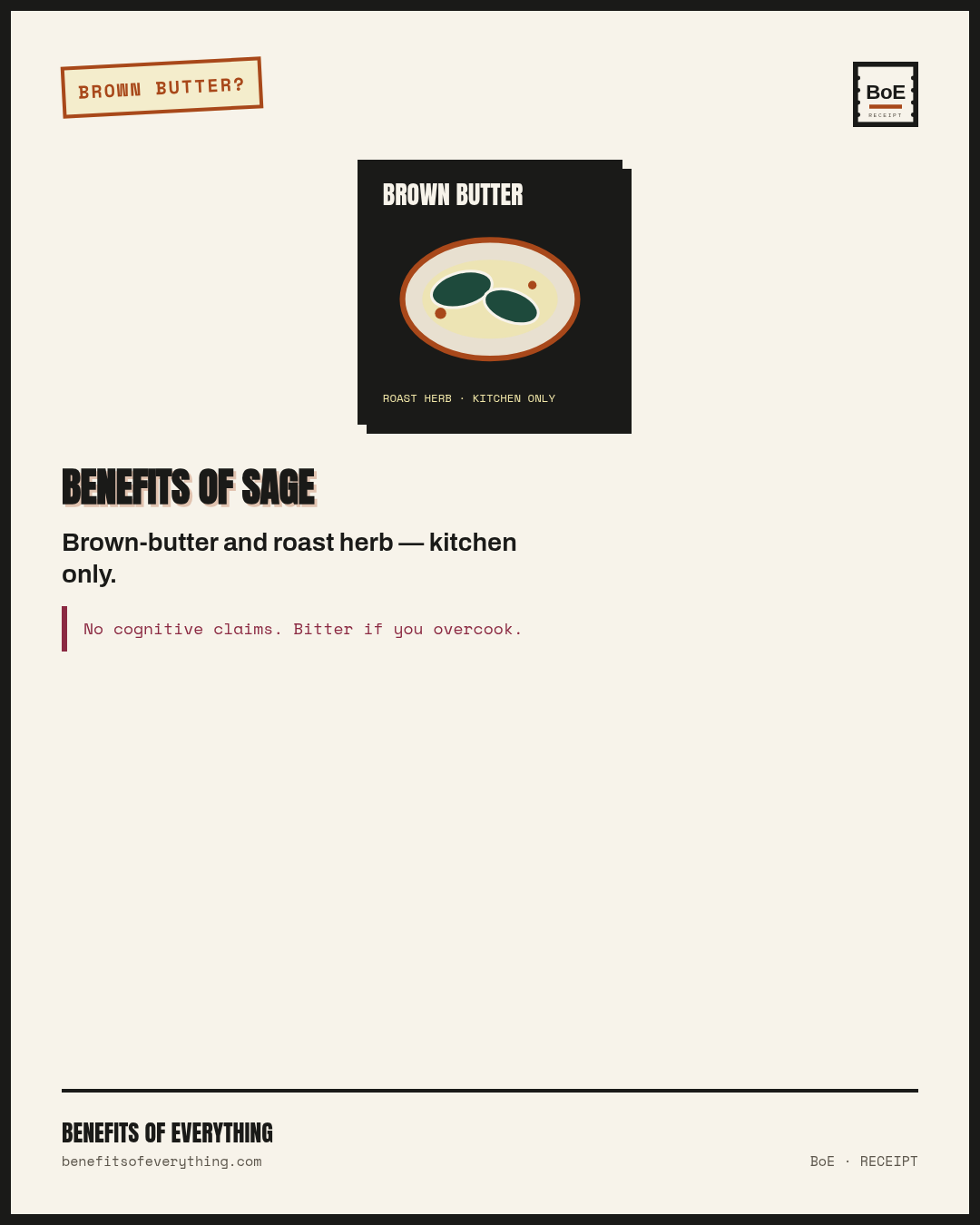 sage receipt — Kitchen sage for brown butter and roasts — no cognitive claims.