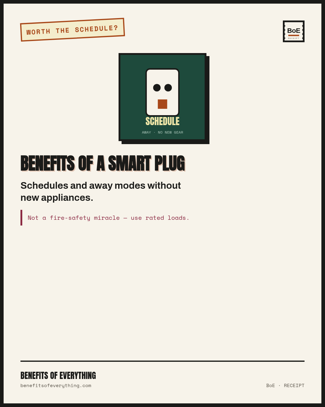 a smart plug receipt — Schedules and remote off without buying new appliances.