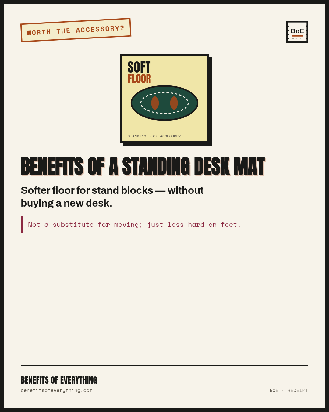 Benefits of a standing desk mat receipt — Comfort add-on for people who already alternate stand time.