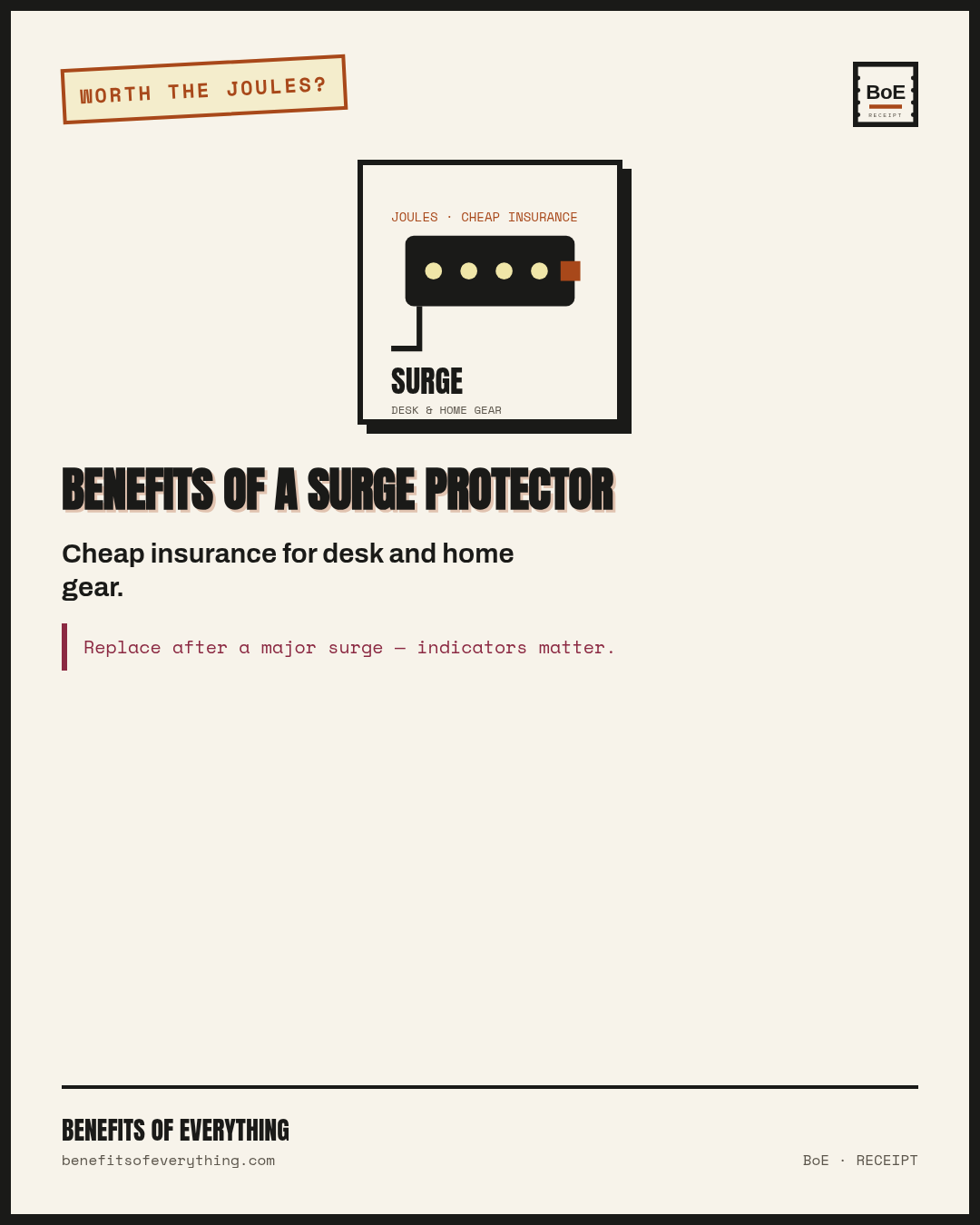 a surge protector receipt — Cheap layer against spikes when storms and outlets are messy.