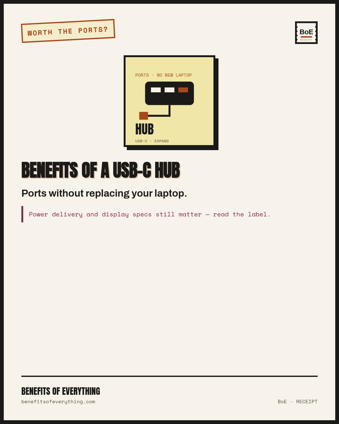 a USB-C hub receipt — Expand ports without replacing the laptop—when the hub is solid.