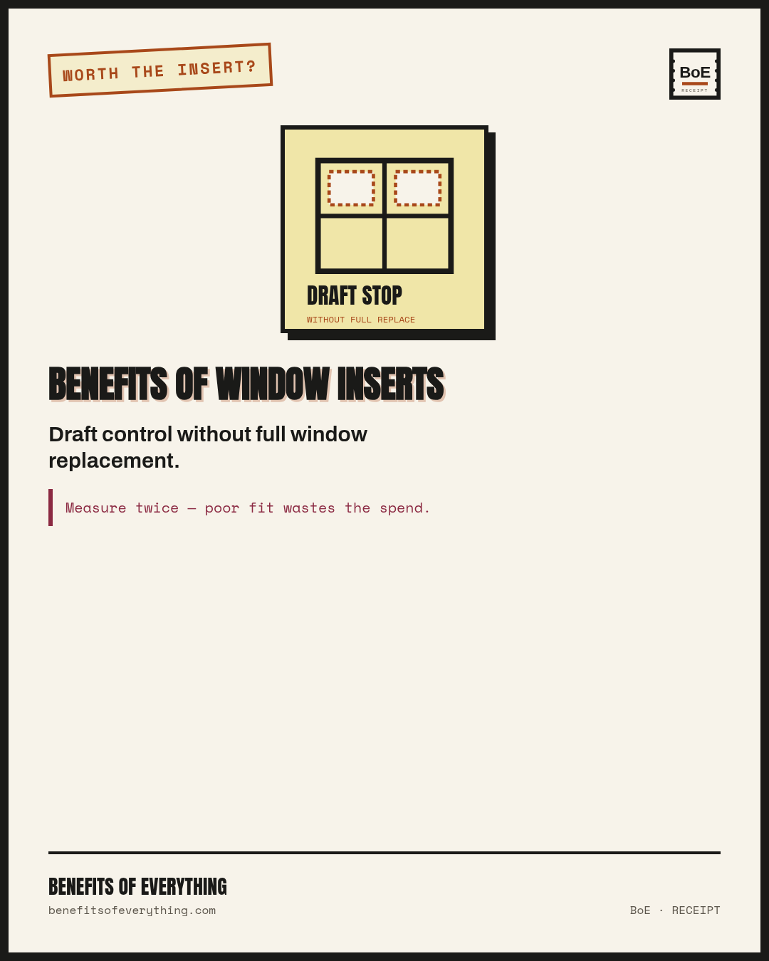 window inserts receipt — Interior air-seal boost before full window replacement.