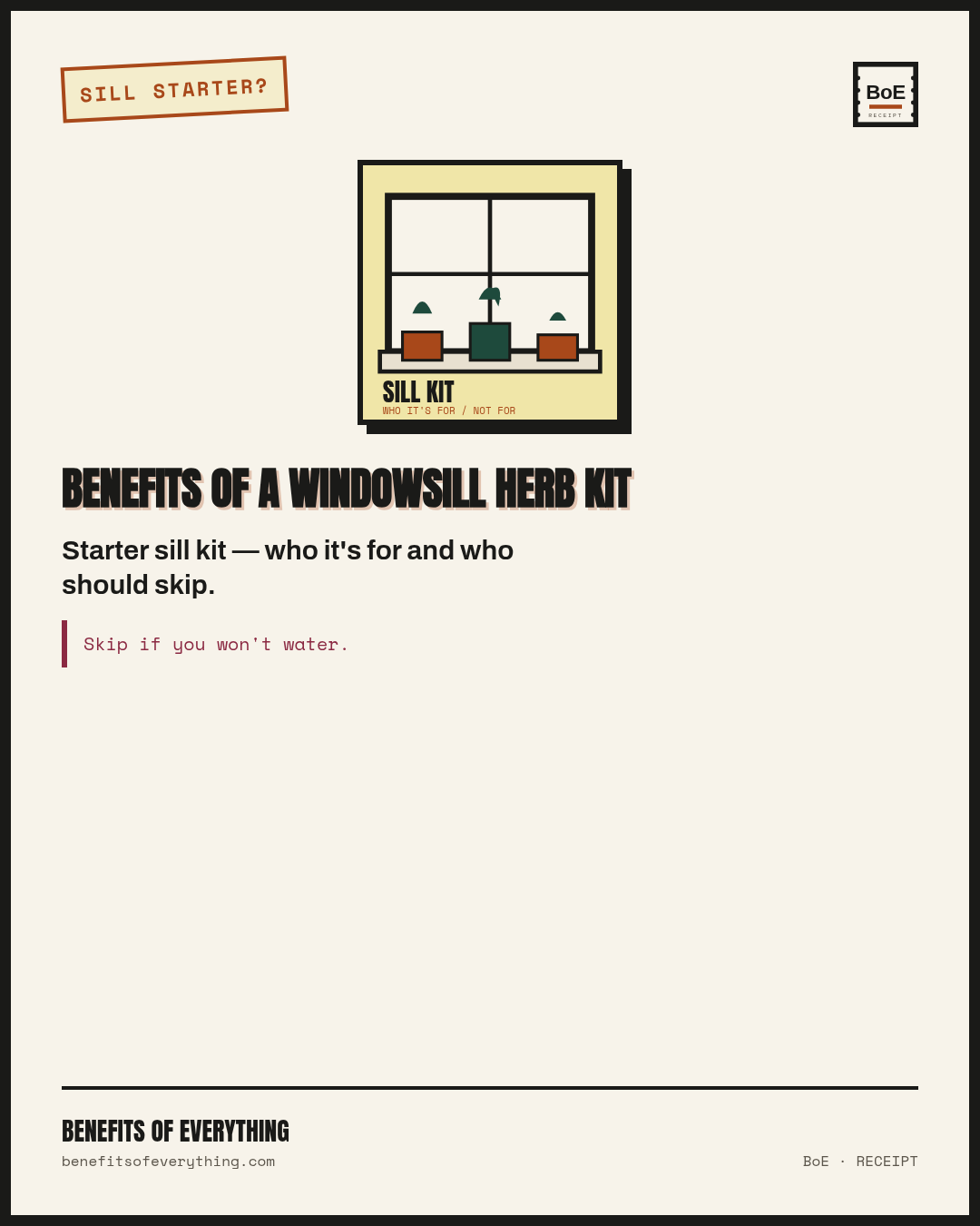 windowsill herb kit receipt — Starter kit worth it with light + weekly cooking — cave windows stay on clamshells.