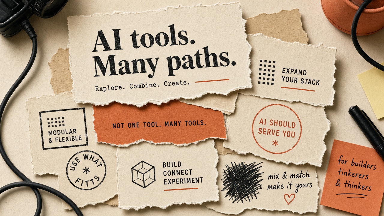 AI tools hub still life — notebook, bracket marks, paper grain, no vendor logos
