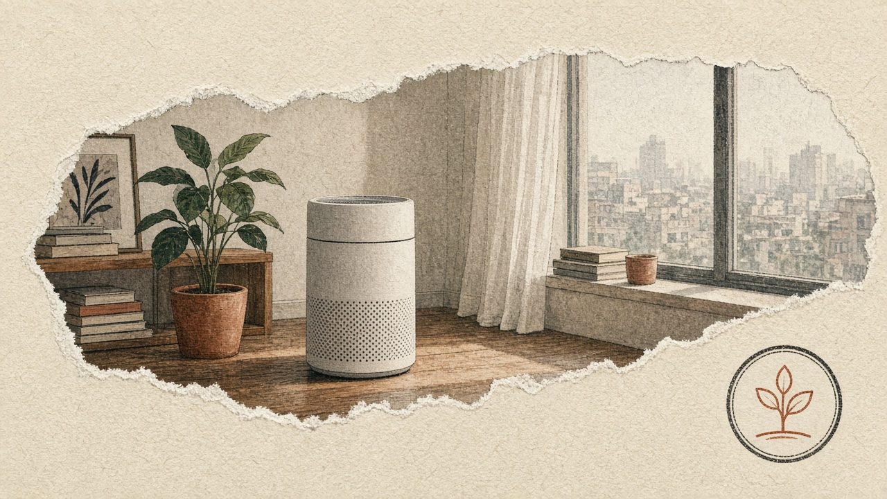 Room air purifier still life — named particles, CADR-minded
