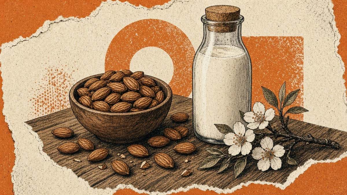 Almonds in a small bowl on kraft — snack jar and baking, portion by the handful