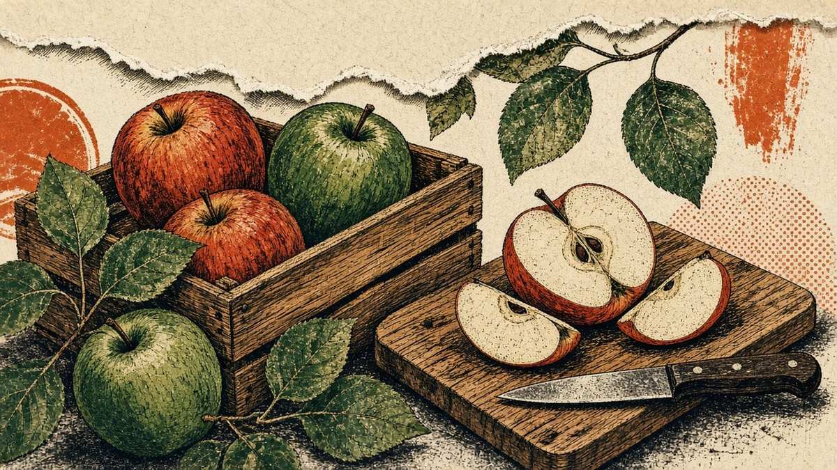Apples on a cutting board — crisp slices, lunchbox and pie still life