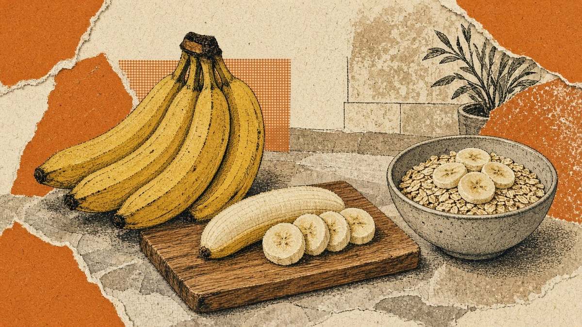 Bananas ripening on the counter — speckled for bread, firm for the bag