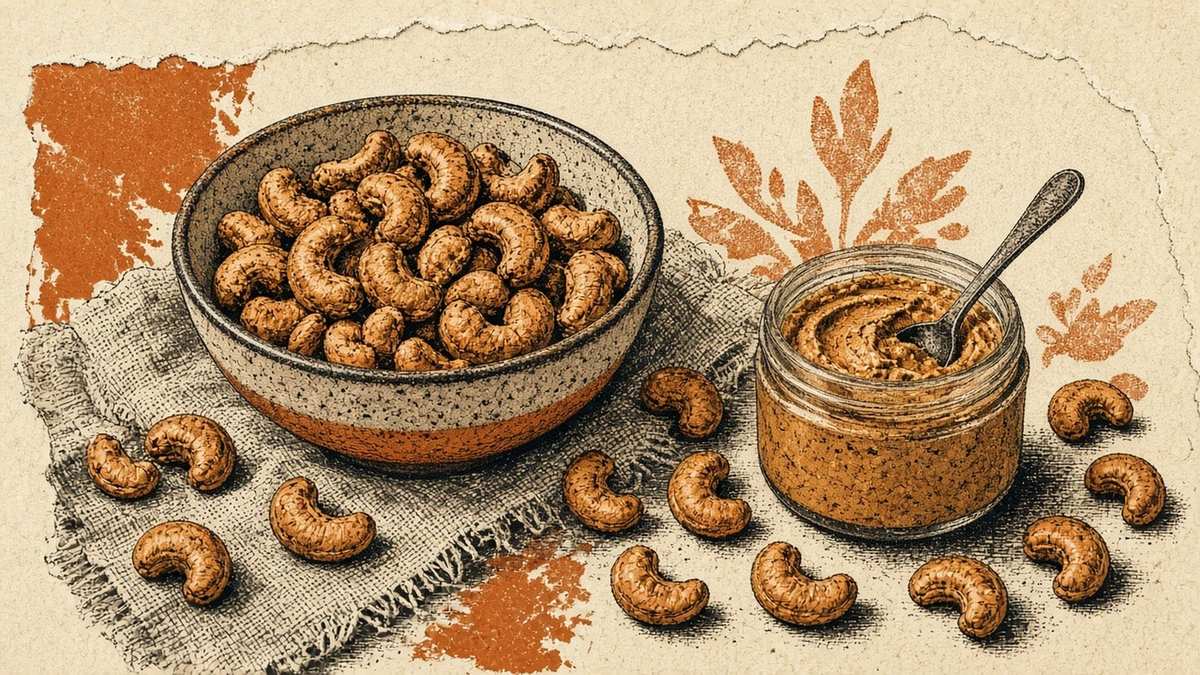 Cashews in a dish on cream paper — stir-fry crunch and creamy sauces
