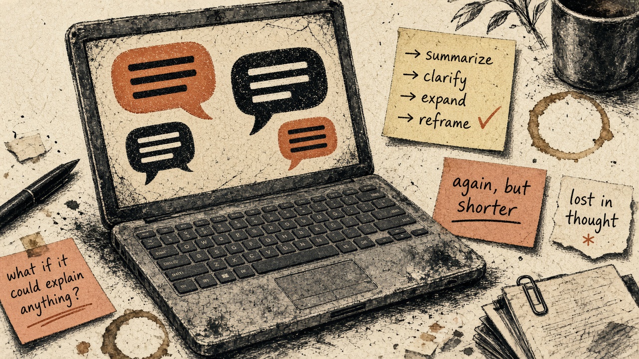 ChatGPT Plus desk receipt — laptop chat panes on paper, stamp ink, no brand logo