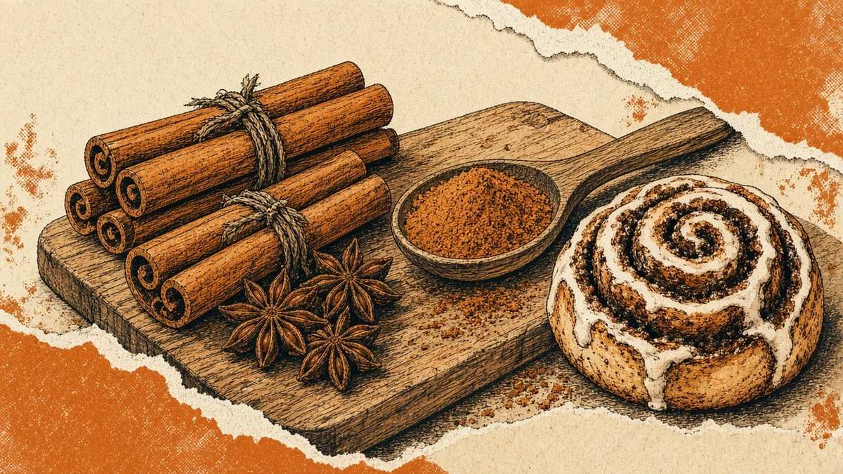 Cinnamon sticks and ground spice — oatmeal and baking aroma, not a pharmacy
