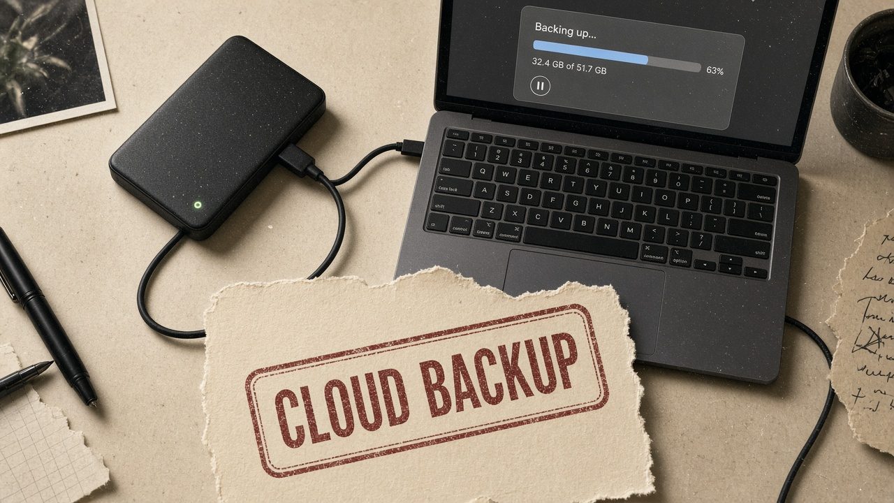 Cloud backup still life — recover the laptop you will drop