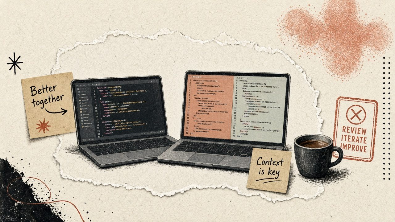Coding assistant IDE still life — editor panes and review stamp, no vendor logo