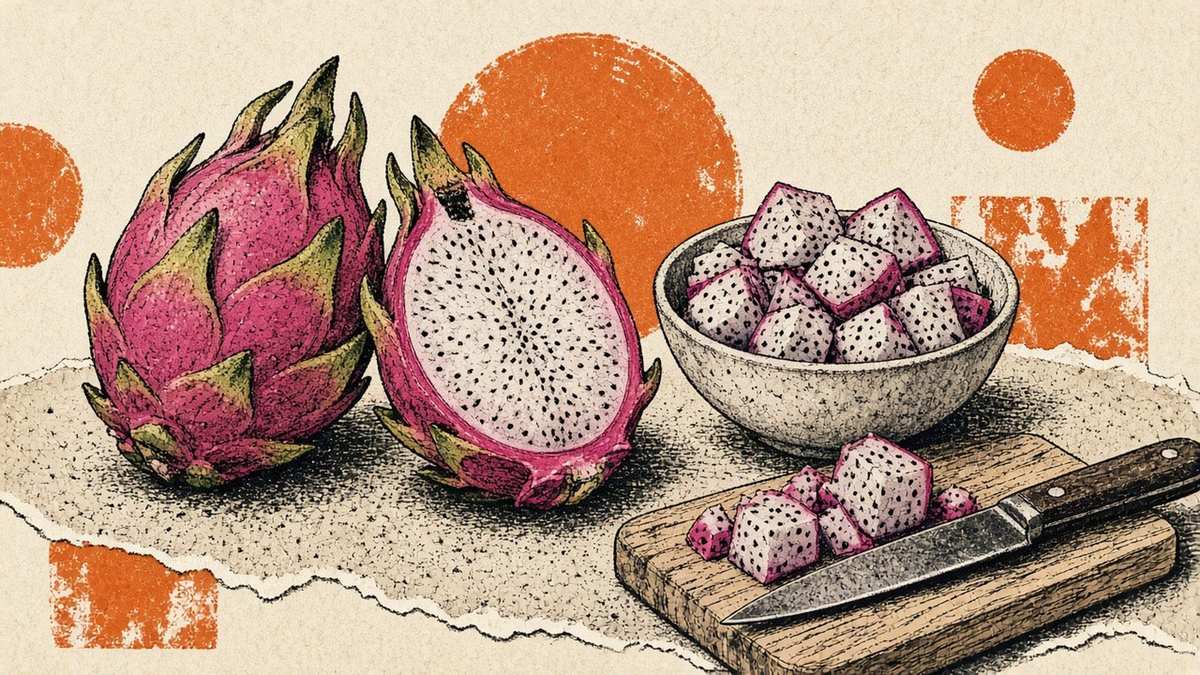 Dragon fruit halved on a board — bright flesh, scoop-and-serve still life