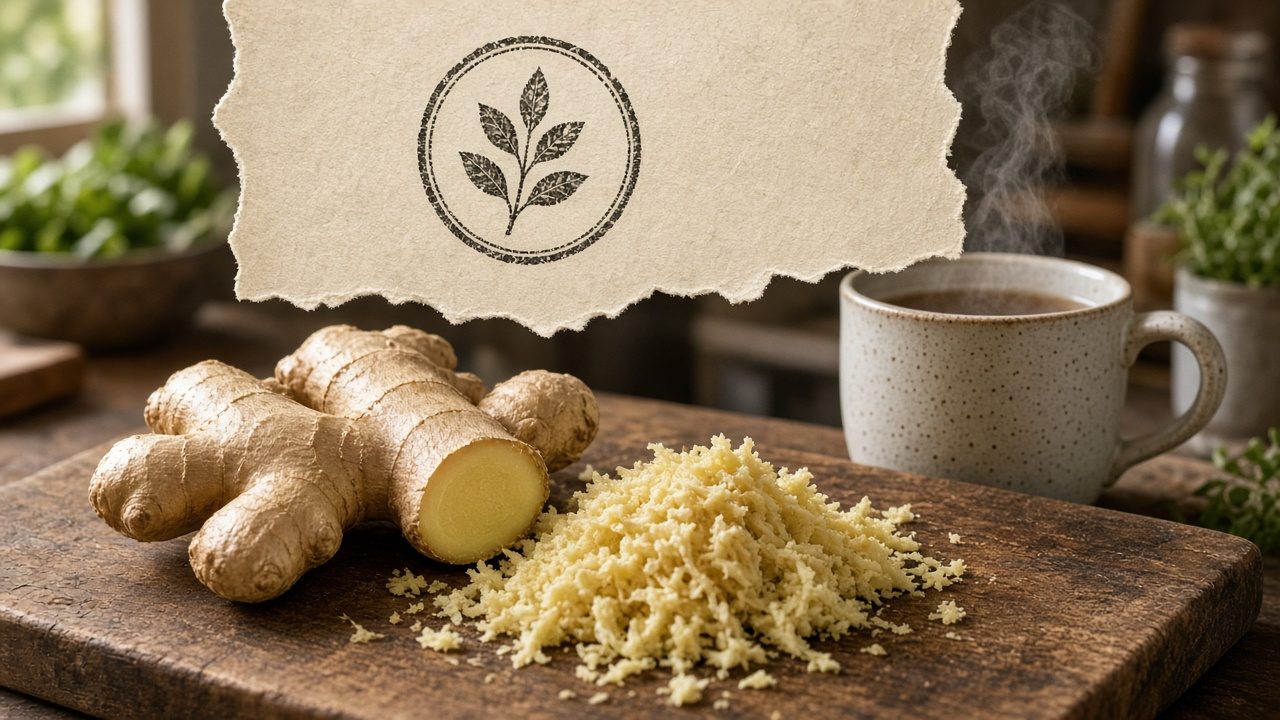 Fresh ginger knobs on kraft — pan and tea, not a clinic aisle