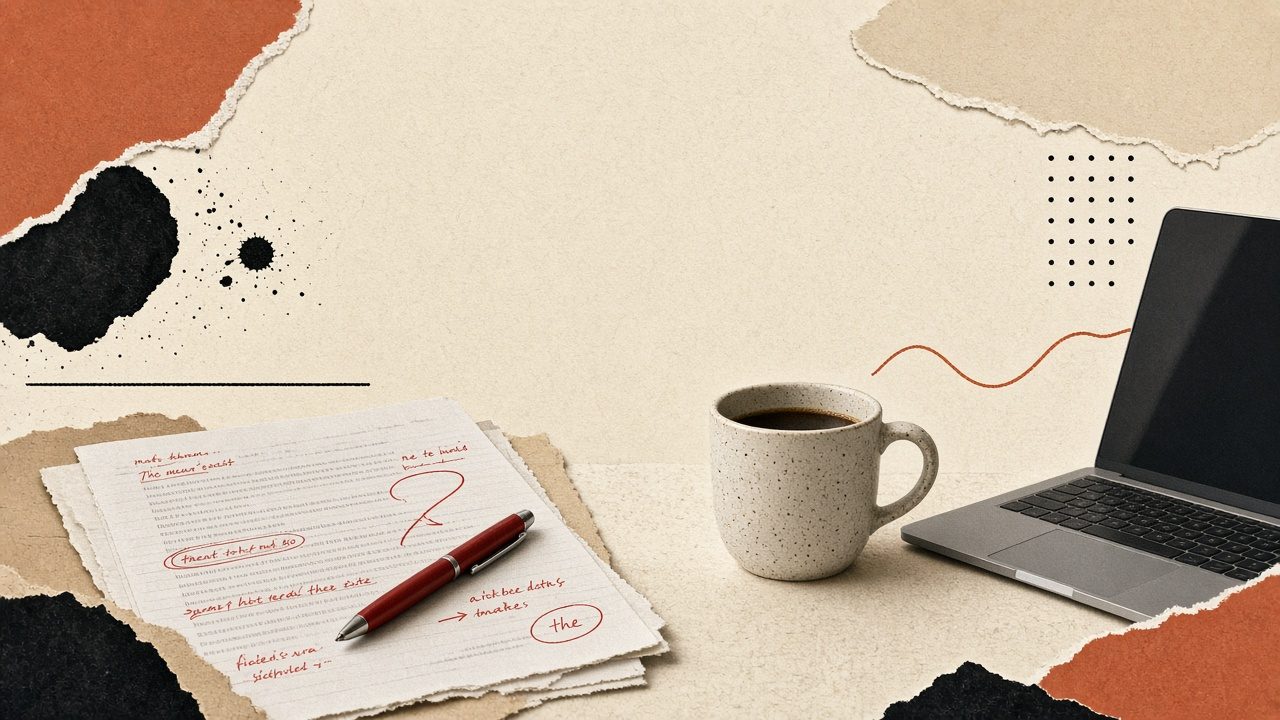 Grammarly-class prose polish — marked-up paragraph on cream paper