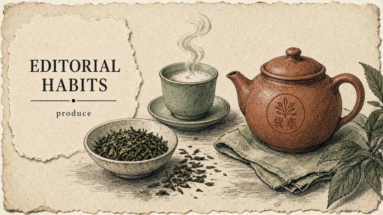 Green tea cup and leaves — habit brew, caffeine eyes open
