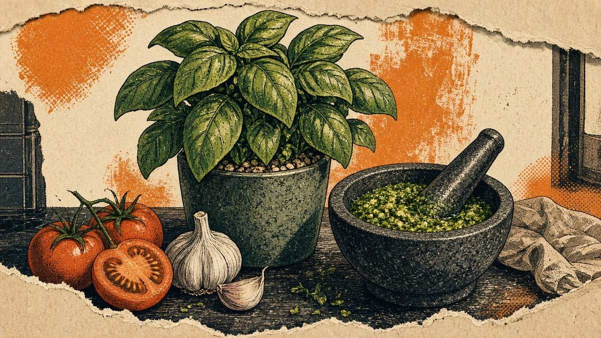 Fresh basil sprigs on paper — pesto and tomato nights
