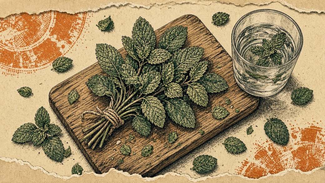 Fresh mint sprigs on kraft — tea, salads, and a glass of water